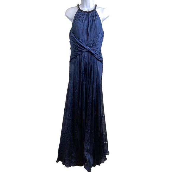Carmen Marc Valvo Navy Blue Beaded Halter Silk Dress Size 4 Wedding Red Carpet - Picture 1 of 13